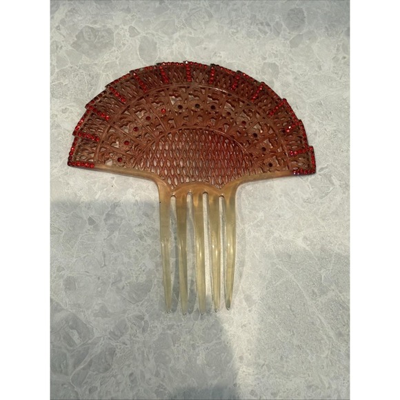 Accessories - Vintage Hair Comb Art Deco Celluloid Fan Design Red Rhinestones 6 In X 6 1/2.